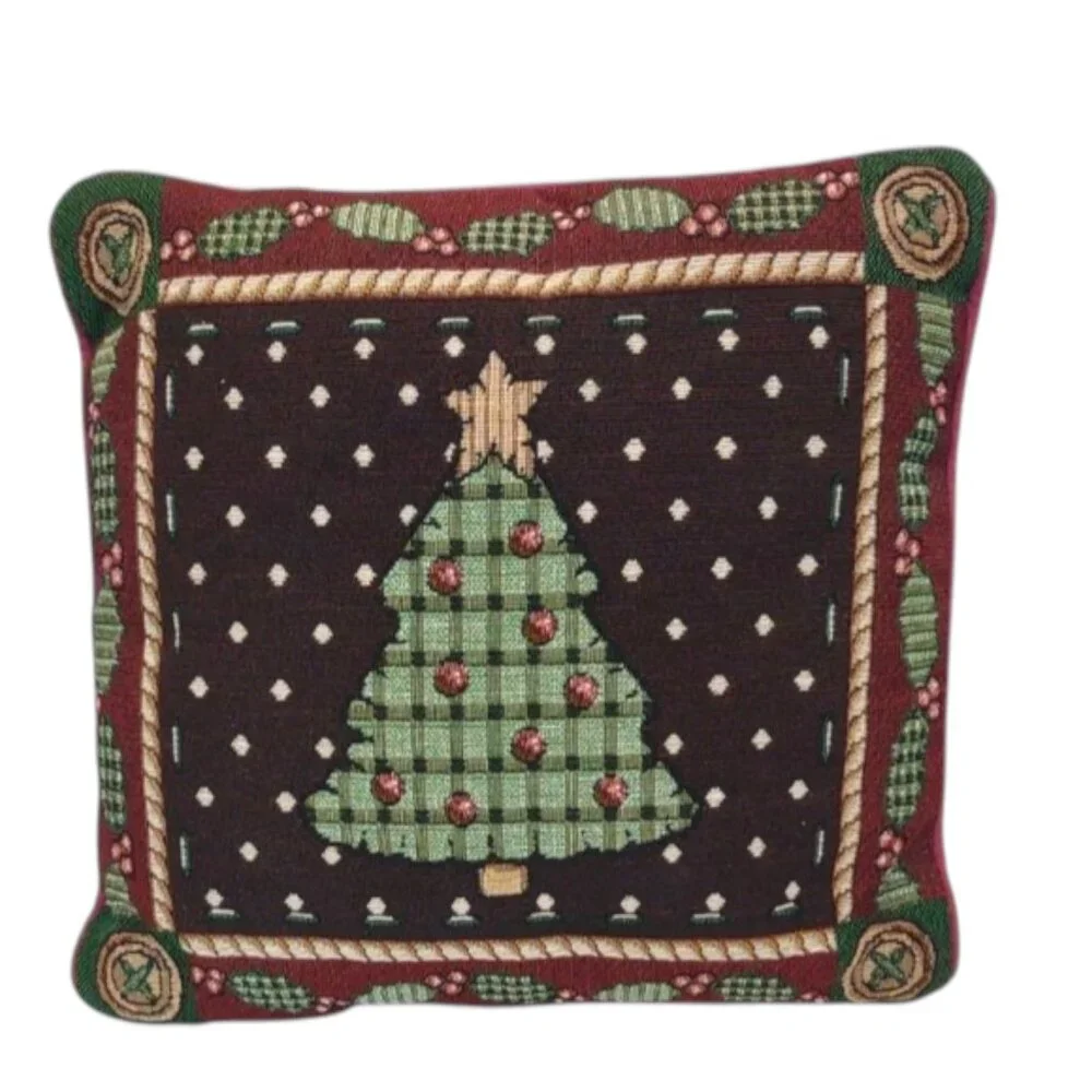 Christmas Tree Tapestry Stuffed Pillow Dark Brown Maroon Green 12
